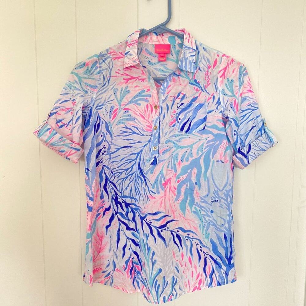 Lilly Pulitzer Captiva Tunic Blue Tint Kaleidoscope Coral Large